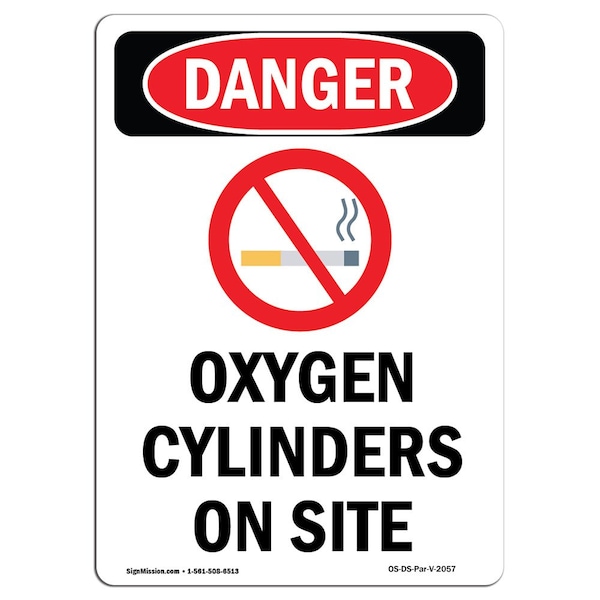 Safety Sign, OSHA Danger, 5" Height, Oxygen Cylinders On Site, Portrait, 10PK